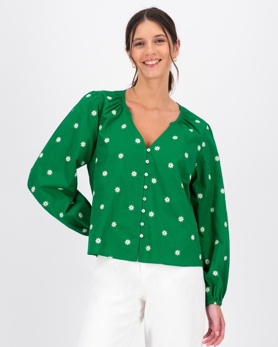 Old Khaki Shirts & Blouses | Women'S Kenya Embroidered Blouse Green