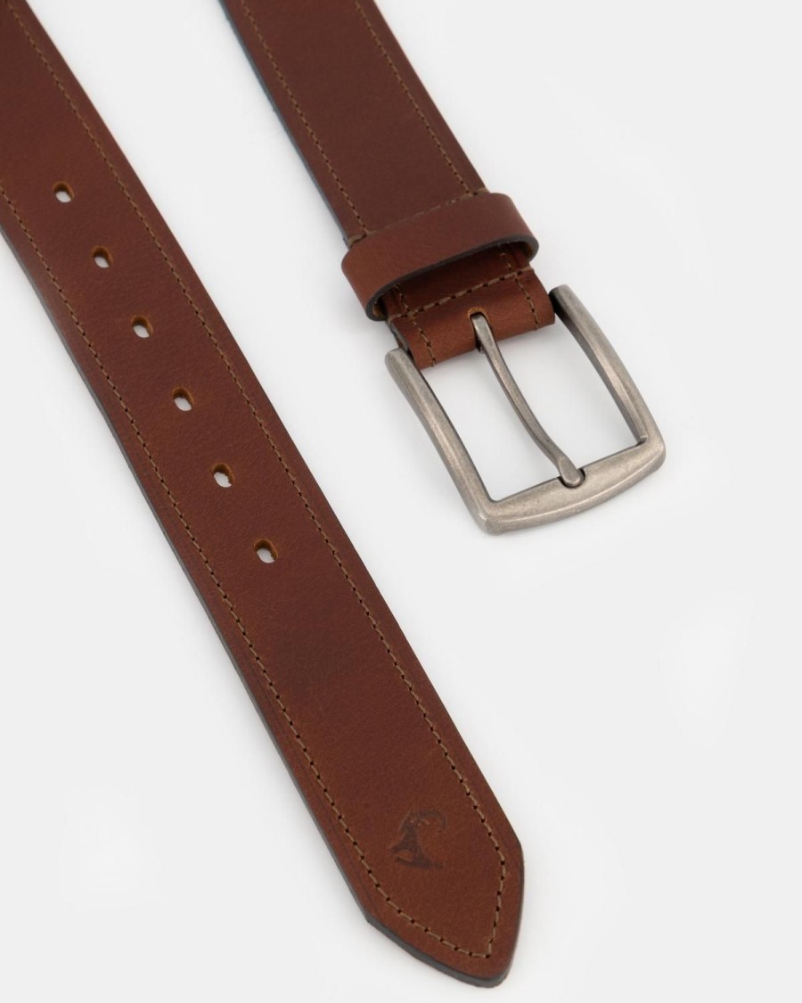 Old Khaki Belts | Men'S Grady Topstitch Rolled Edge Leather Belt Brown