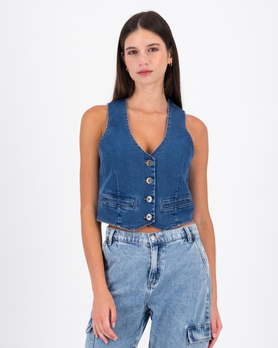 Old Khaki Denim | Women'S Isla Denim Waistcoat Mid Blue
